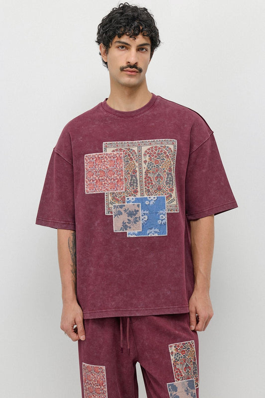 Oversized Printed Sweatsuit Set, Burgundy