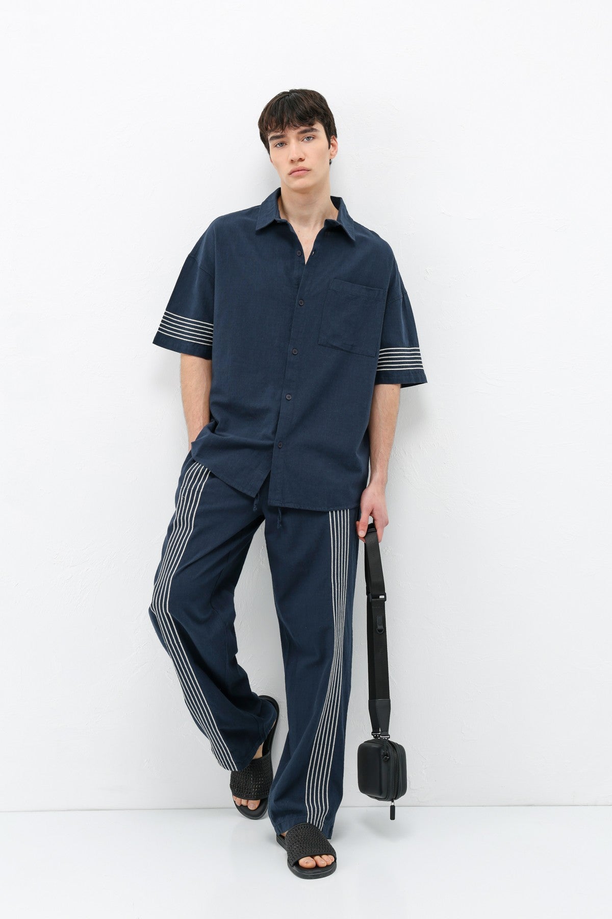 Oversized Linen Set with Striped Details