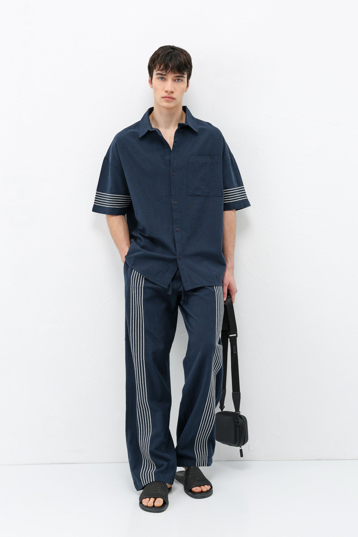 Oversized Linen Set with Striped Details