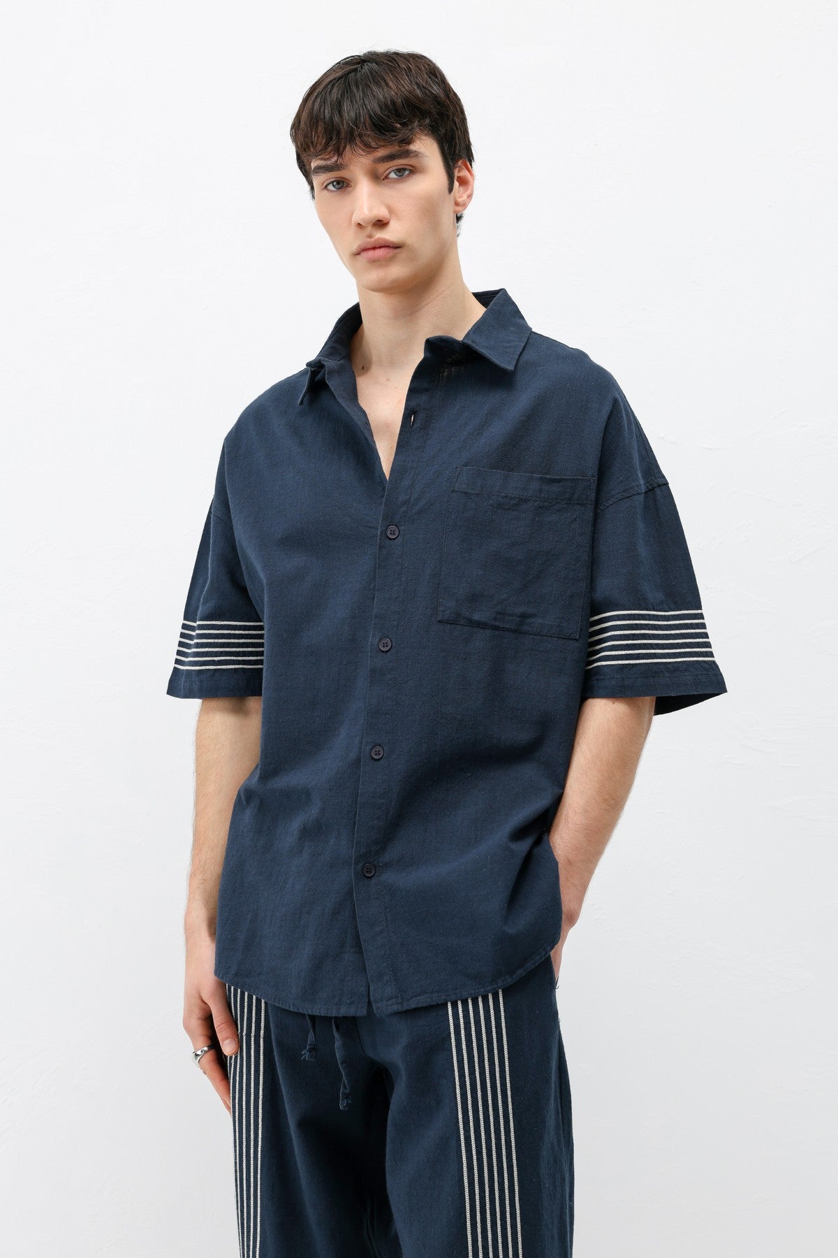 Oversized Linen Set with Striped Details