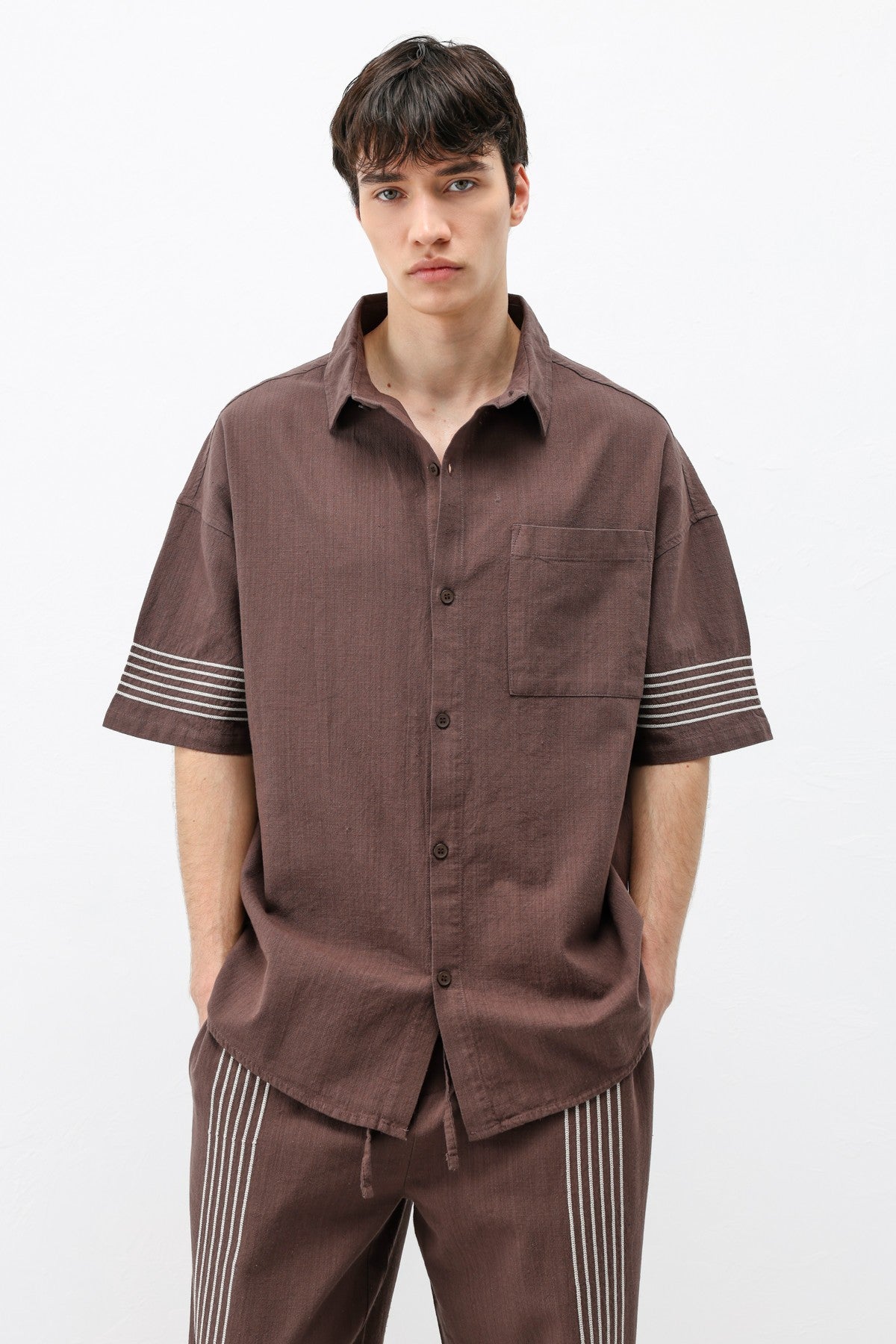Oversized Linen Set with Striped Details