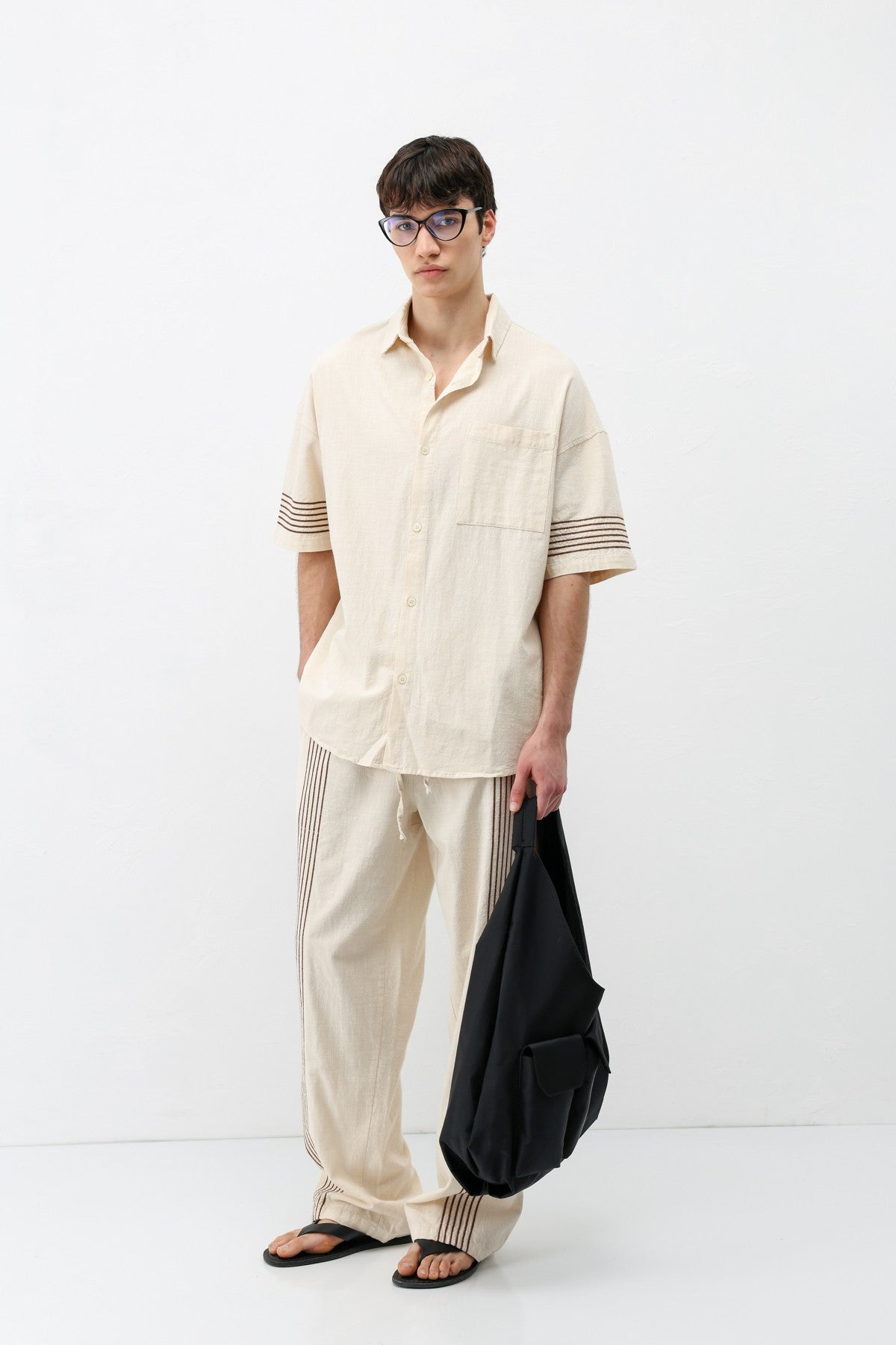 Oversized Linen Set with Striped Details