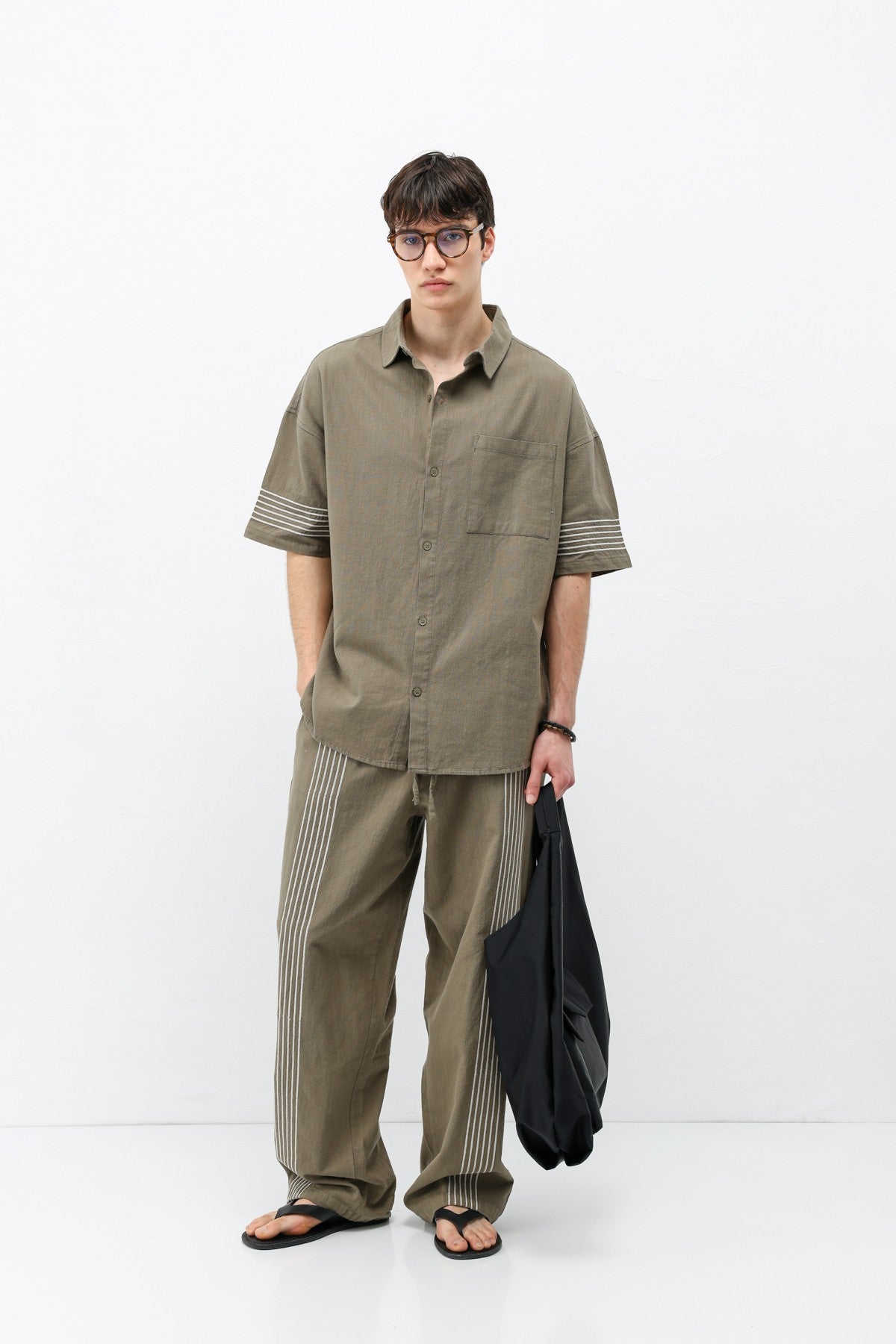Oversized Linen Set with Striped Details