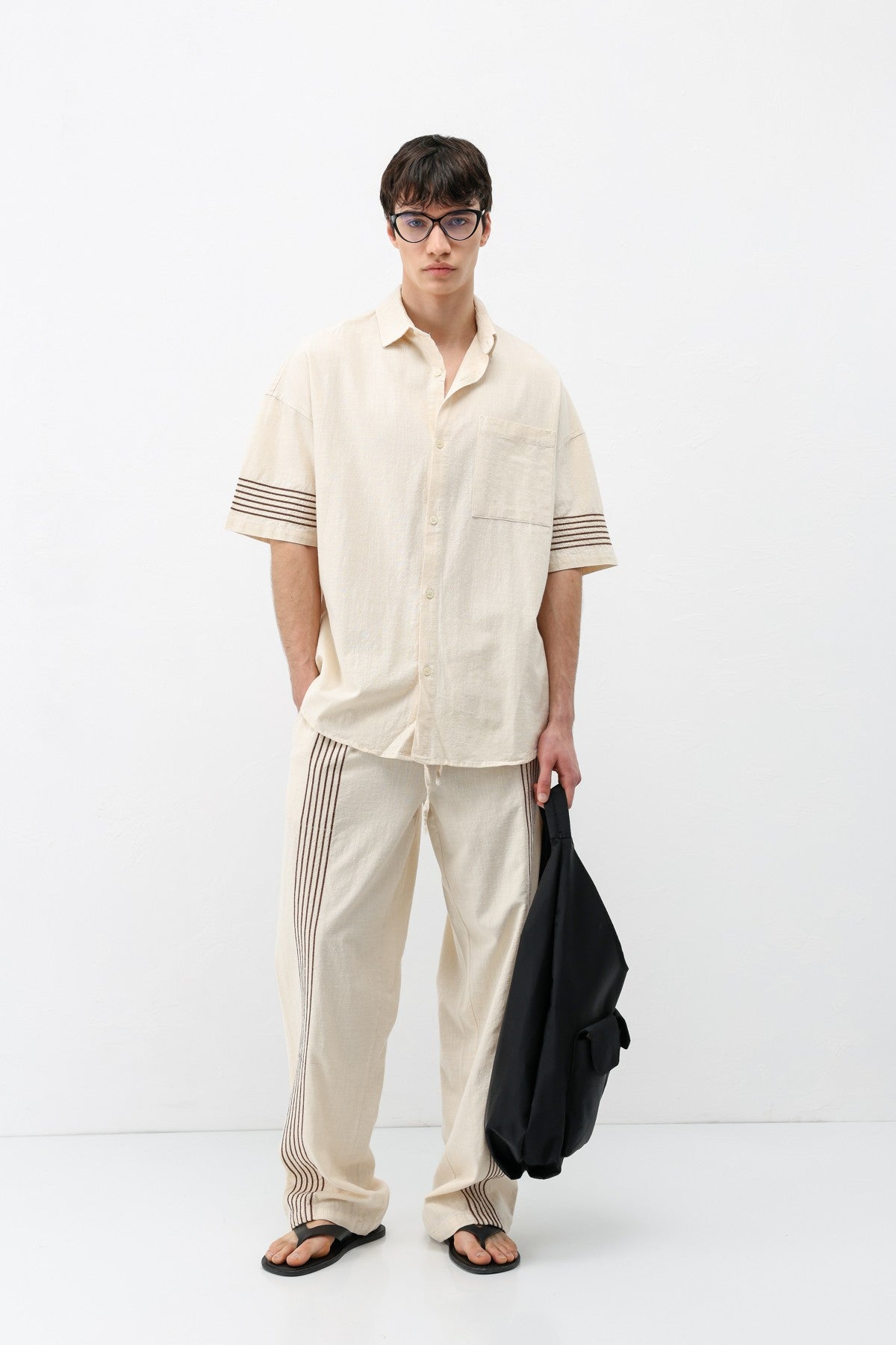 Oversized Linen Set with Striped Details