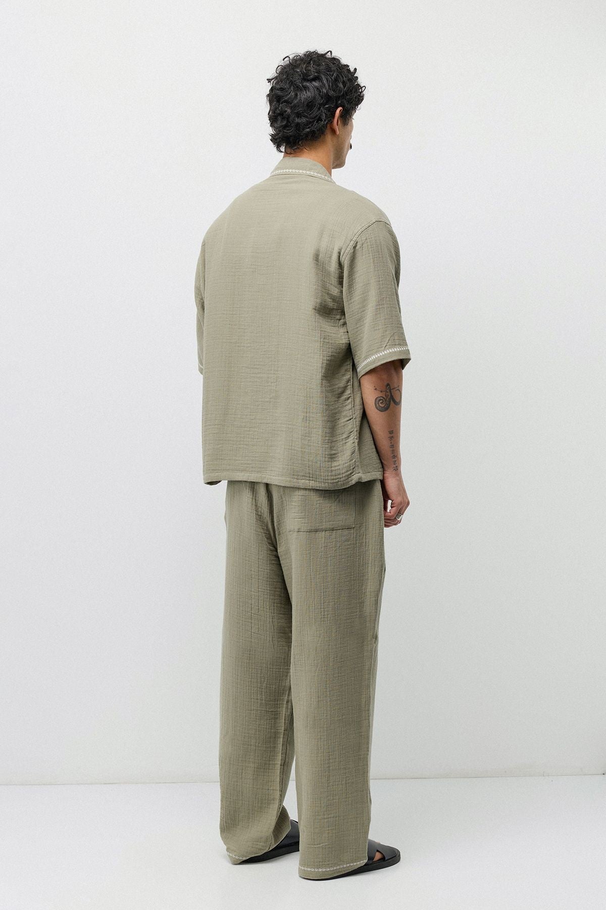 Embroidered Muslin Shirt and Wide-Leg Pants Set