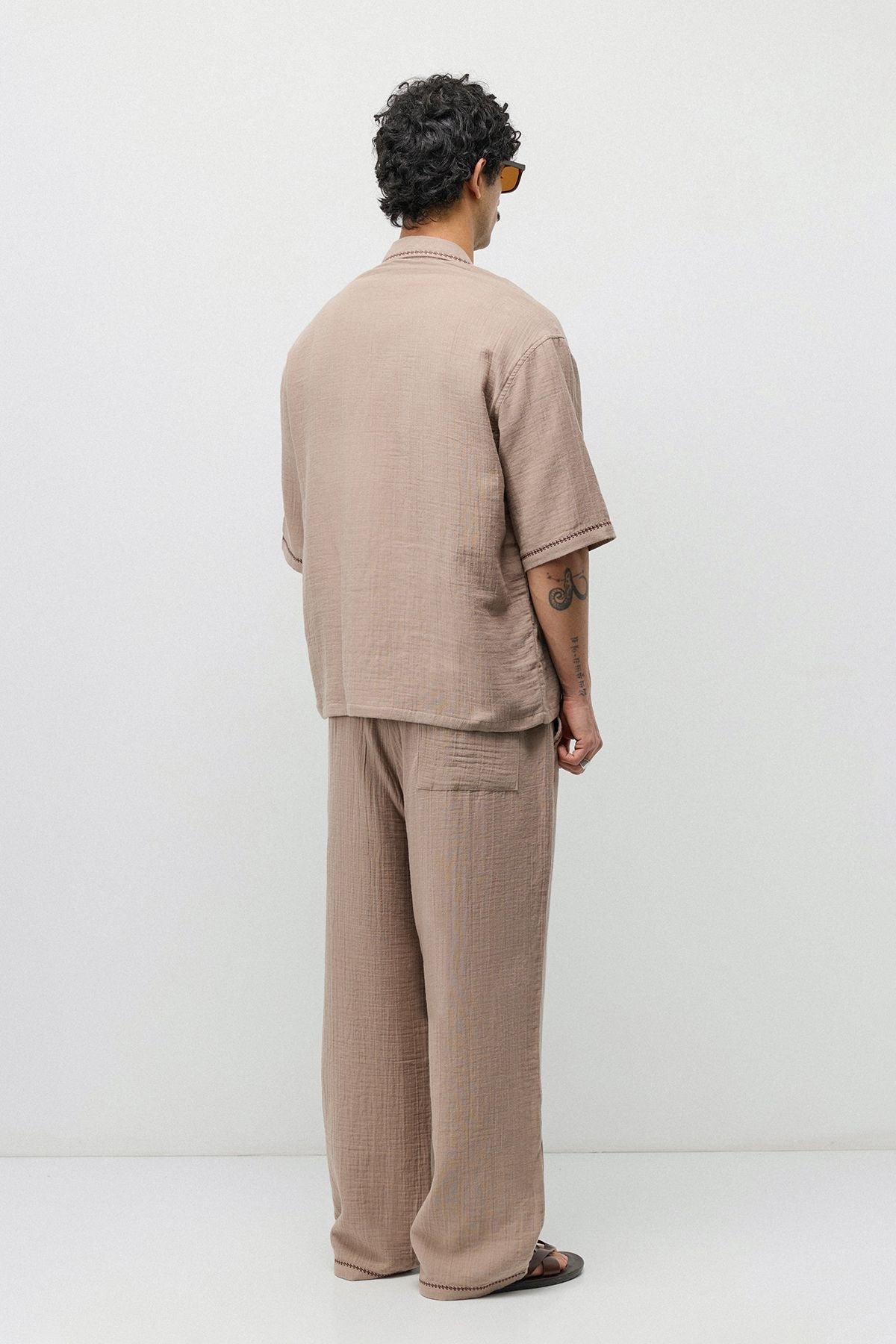 Embroidered Muslin Shirt and Wide-Leg Pants Set