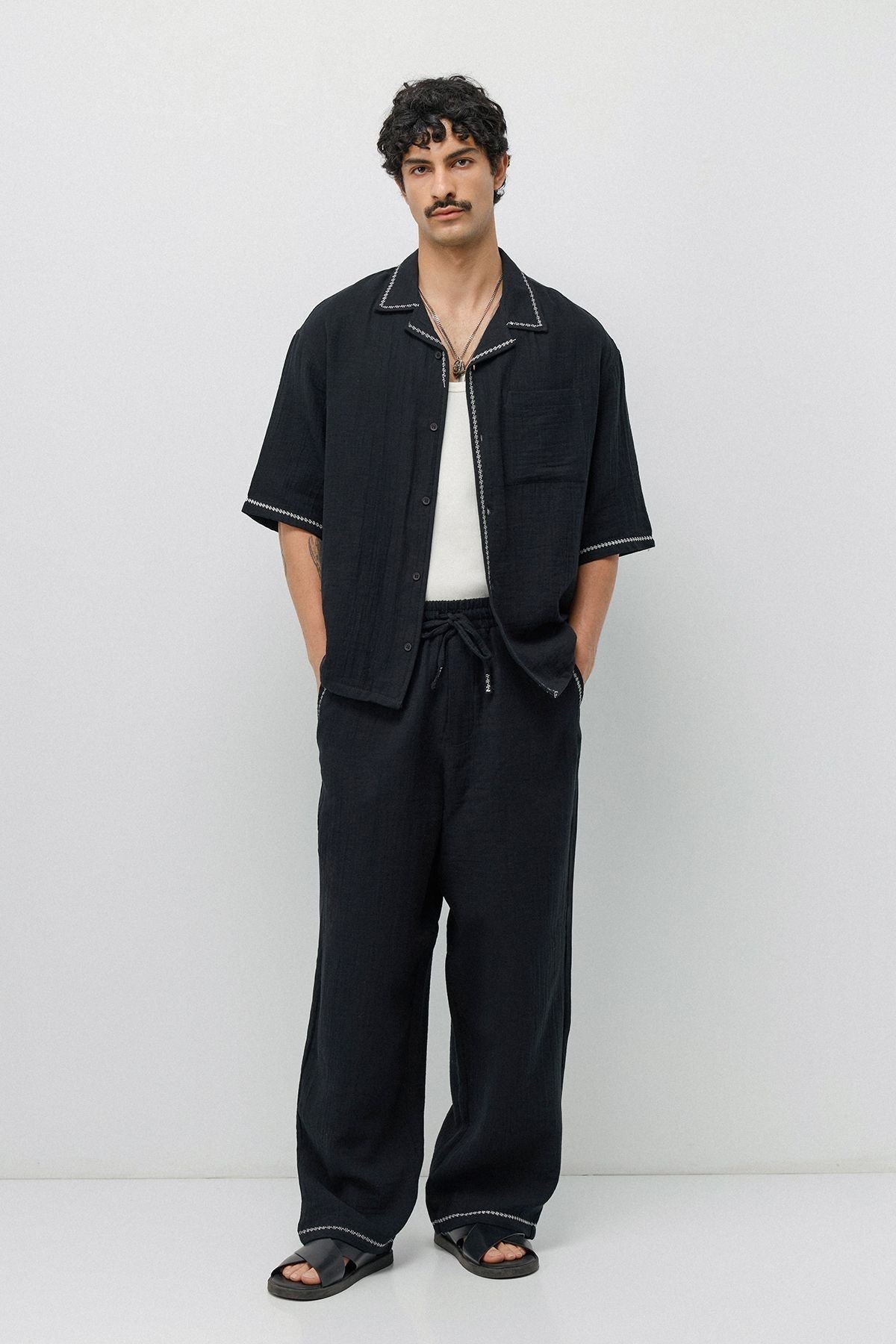 Embroidered Muslin Shirt and Wide-Leg Pants Set