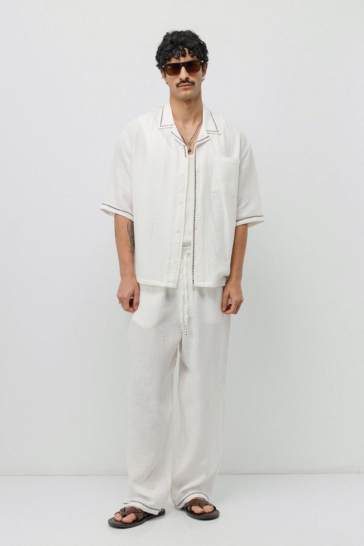 Embroidered Muslin Shirt and Wide-Leg Pants Set