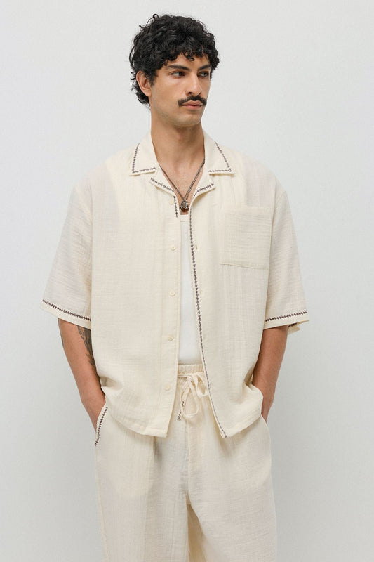 Embroidered Muslin Shirt and Wide-Leg Pants Set