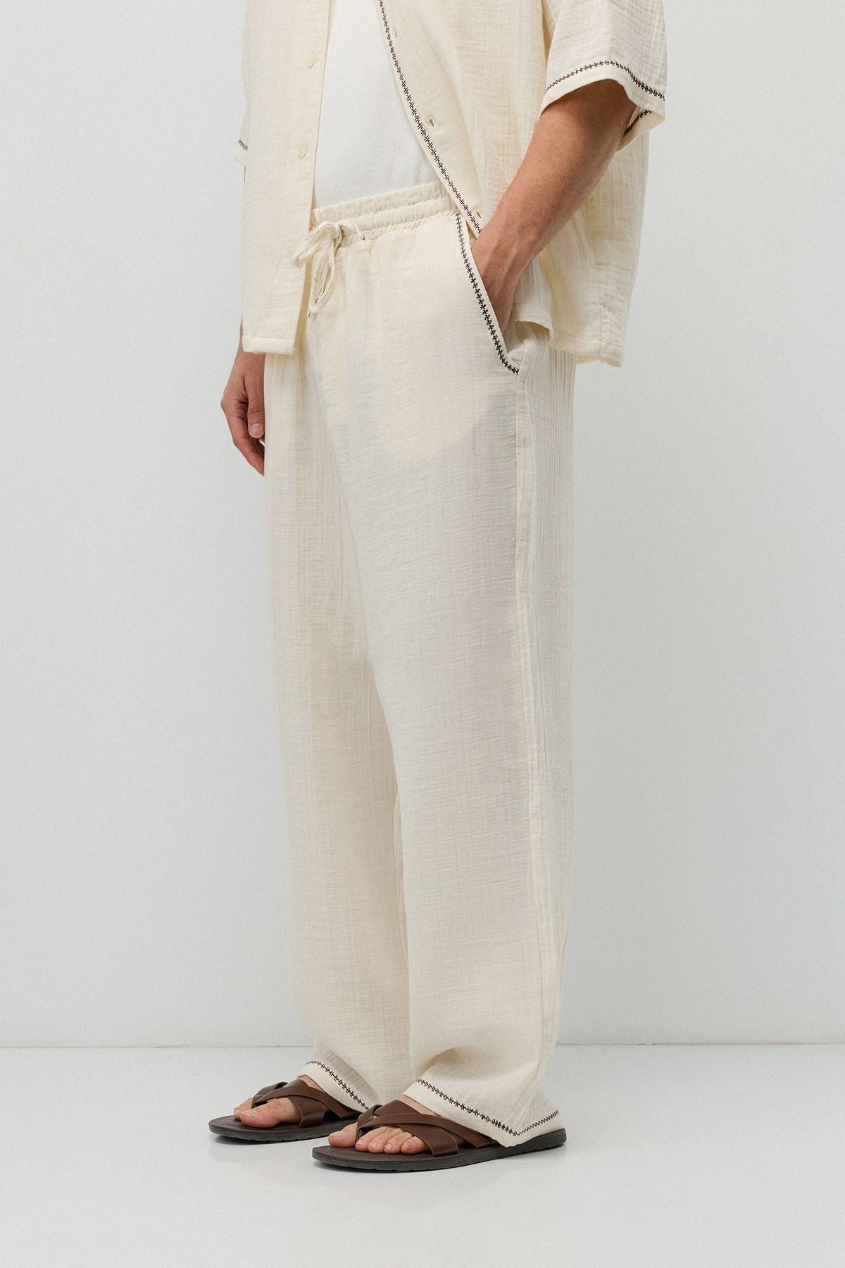 Embroidered Muslin Shirt and Wide-Leg Pants Set