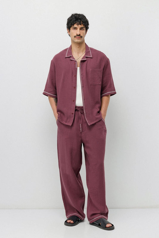 Embroidered Muslin Shirt and Wide-Leg Pants Set