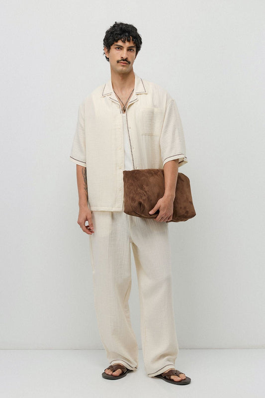 Embroidered Muslin Shirt and Wide-Leg Pants Set