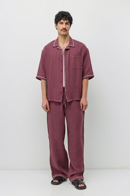 Embroidered Muslin Shirt and Wide-Leg Pants Set