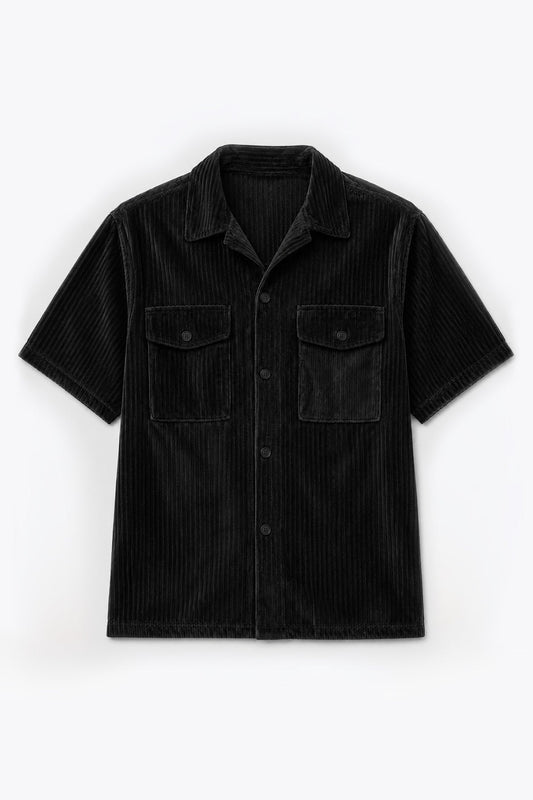 Short-Sleeved Velvet Shirt with Ribbed Cuffs