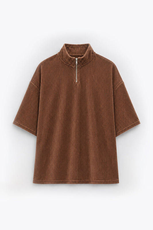 Oversized Ribbed T-Shirt with Half-Zip