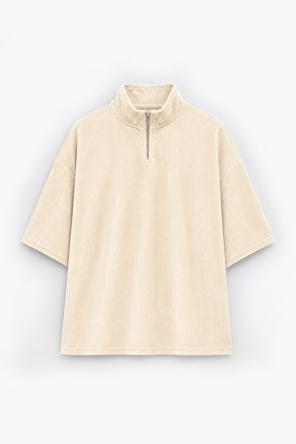 Oversized Ribbed T-Shirt with Half-Zip
